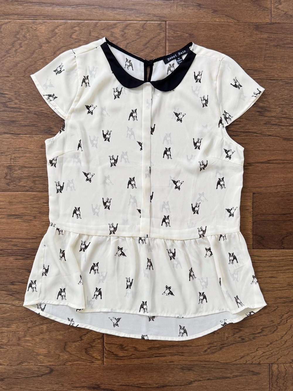 EUC Sweet Rain Blouse Black Peter Pan Collar Boston Terrier French Bulldog